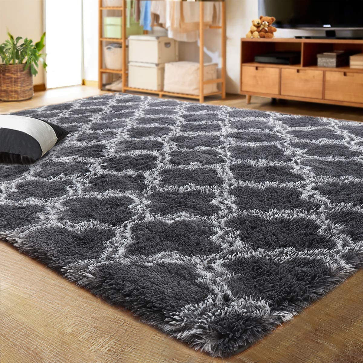 Luxury Shag Area Rug Modern Indoor Plush Fluffy Rugs, Extra Soft and Comfy Carpet, Geometric Moroccan Rugs for Bedroom Living Room Girls Nursery Kids Home 4X6 Feet Dark Grey/White