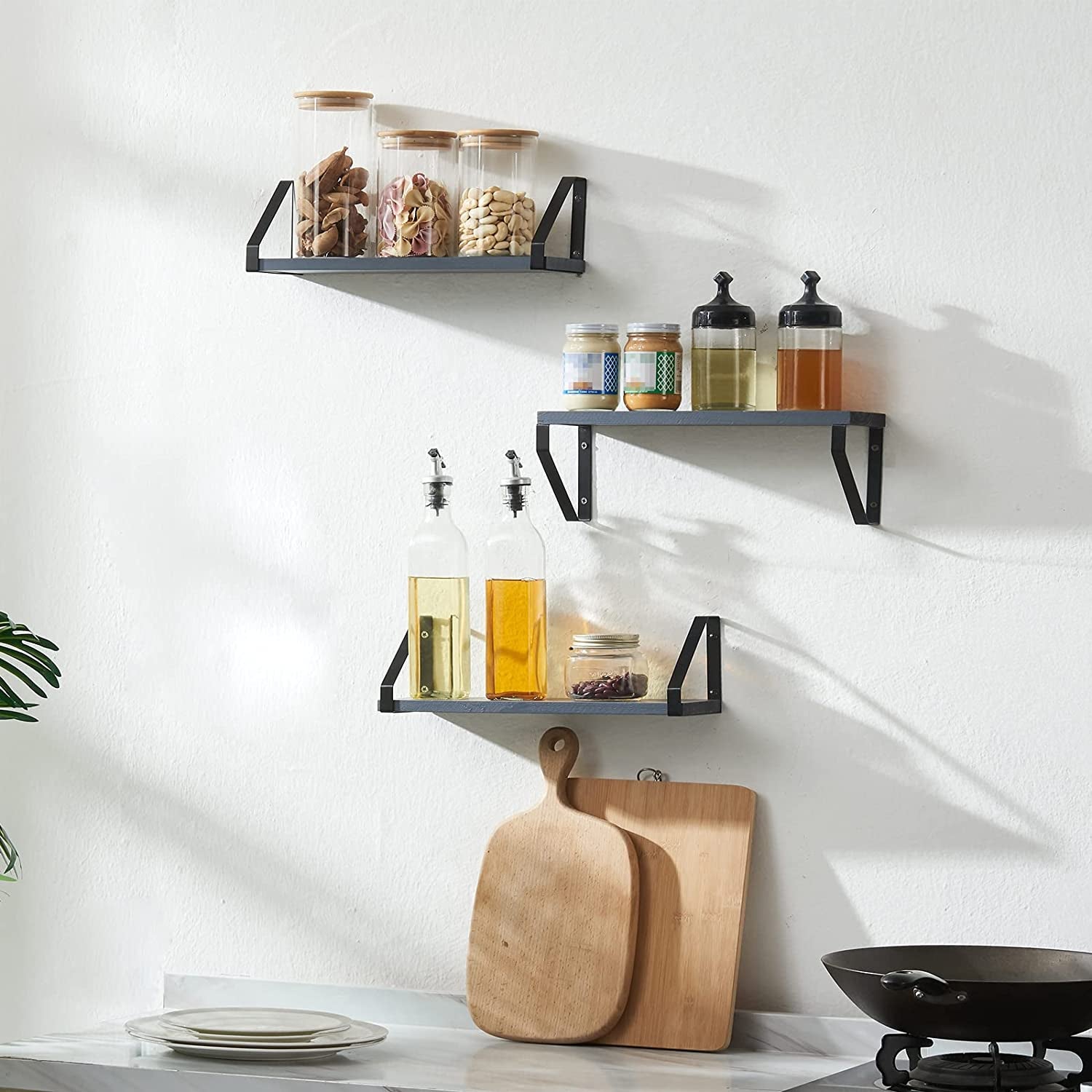 Floating Wall Shelves for Bedroom/Bathroom, Set of 3, Geometric Hanging Shelf for Living Room/Kitchen/Laundry Room, Wall Mounted Shelves, Rustic Wood Shelves for Wall Décor & Storage, Grey