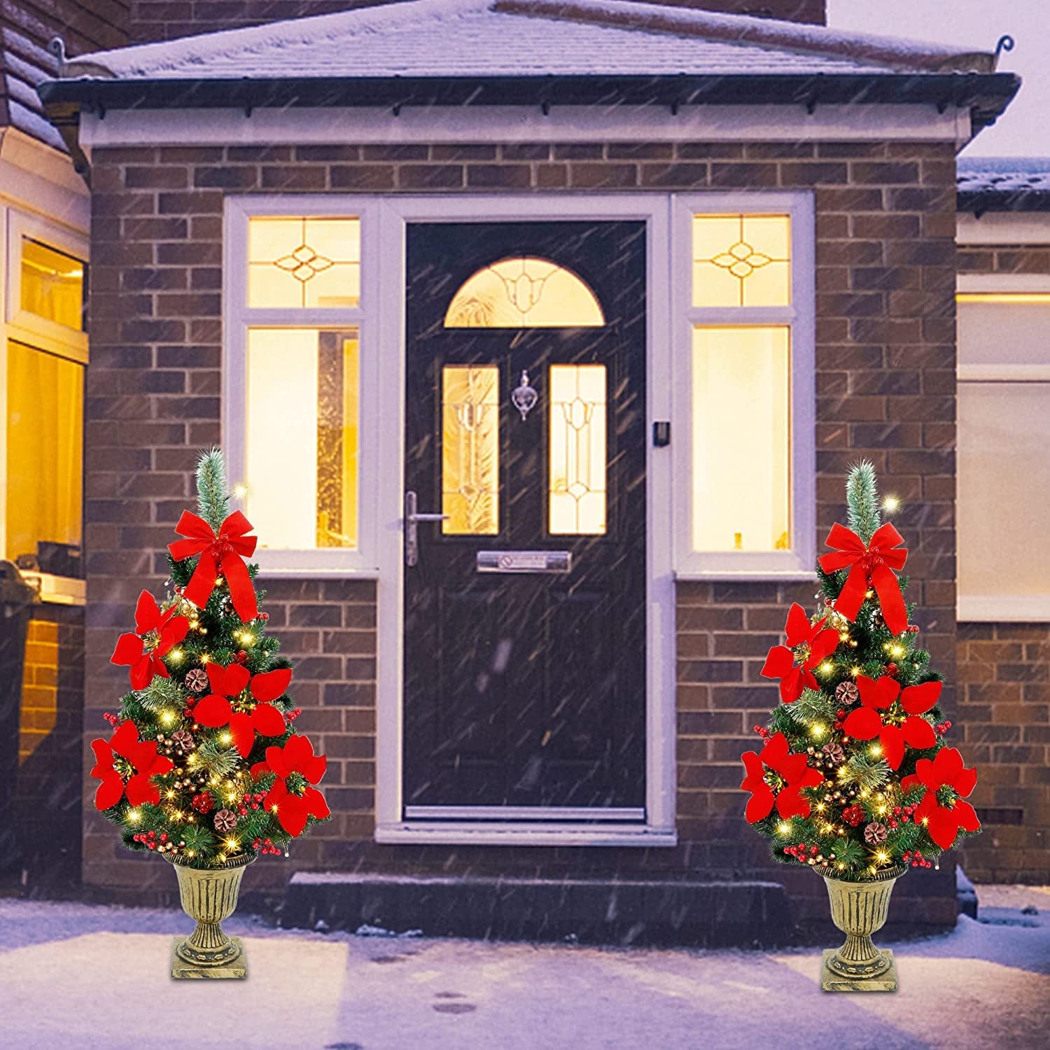 3 FT Christmas Tree, Pre-Lit Poinsettia Spruce Entrance Trees with 100 Leds Lights, Pine Cones, Red & Golden Berries in Gold Urn Base for Front Door, Porch, Entryway Xmas Home Decor, 2 Pack