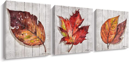 Fall Leaves Canvas Wall Art: Rustic Kitchen Wall Decor Autumn Vintage Harvest Decorations Leaf Pictures Framed Artwork Gift, Perfect for Autumumn, Ready to Hang, 12 X 12 Inch