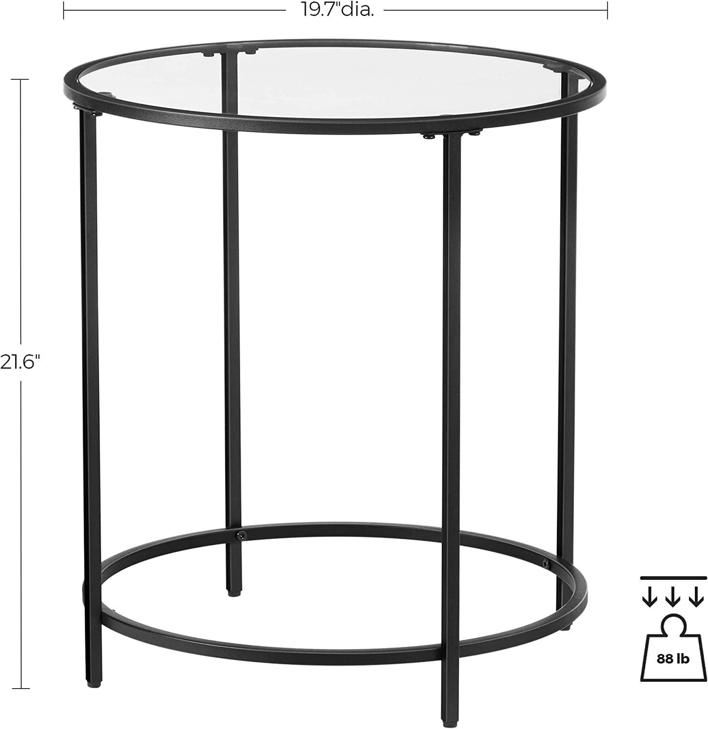 round Side Table, Glass End Table with Metal Frame, Small Coffee Accent Table, Bedside Table, Modern Style, for Living Room, Balcony, Bedroom, Black ULGT020B01