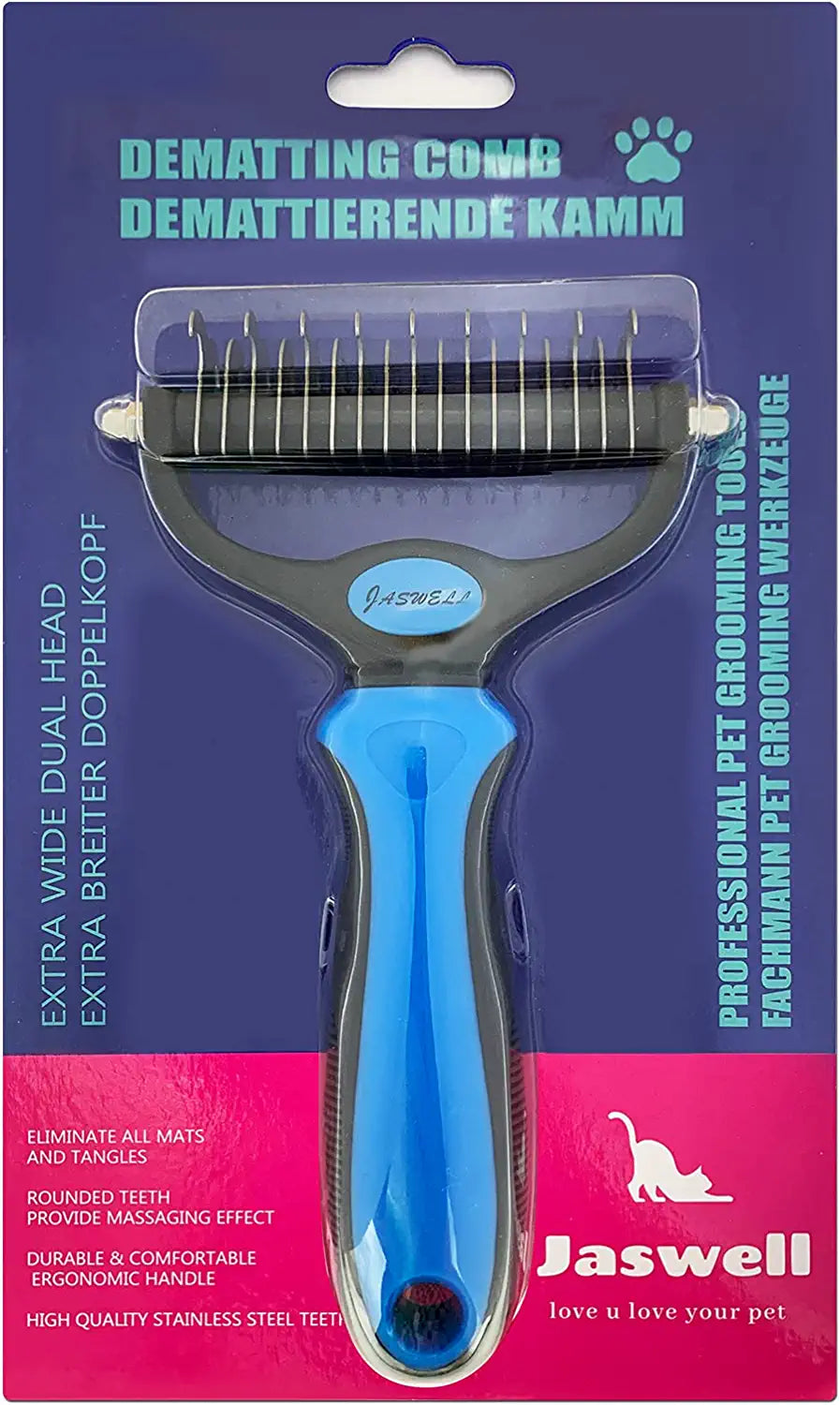 Pet Grooming Tool- 2 Sided Undercoat Rake for Dogs &Cats-Safe and Effective Dematting Comb for Mats&Tangles Removing-No More Nasty Shedding or Flying Hair