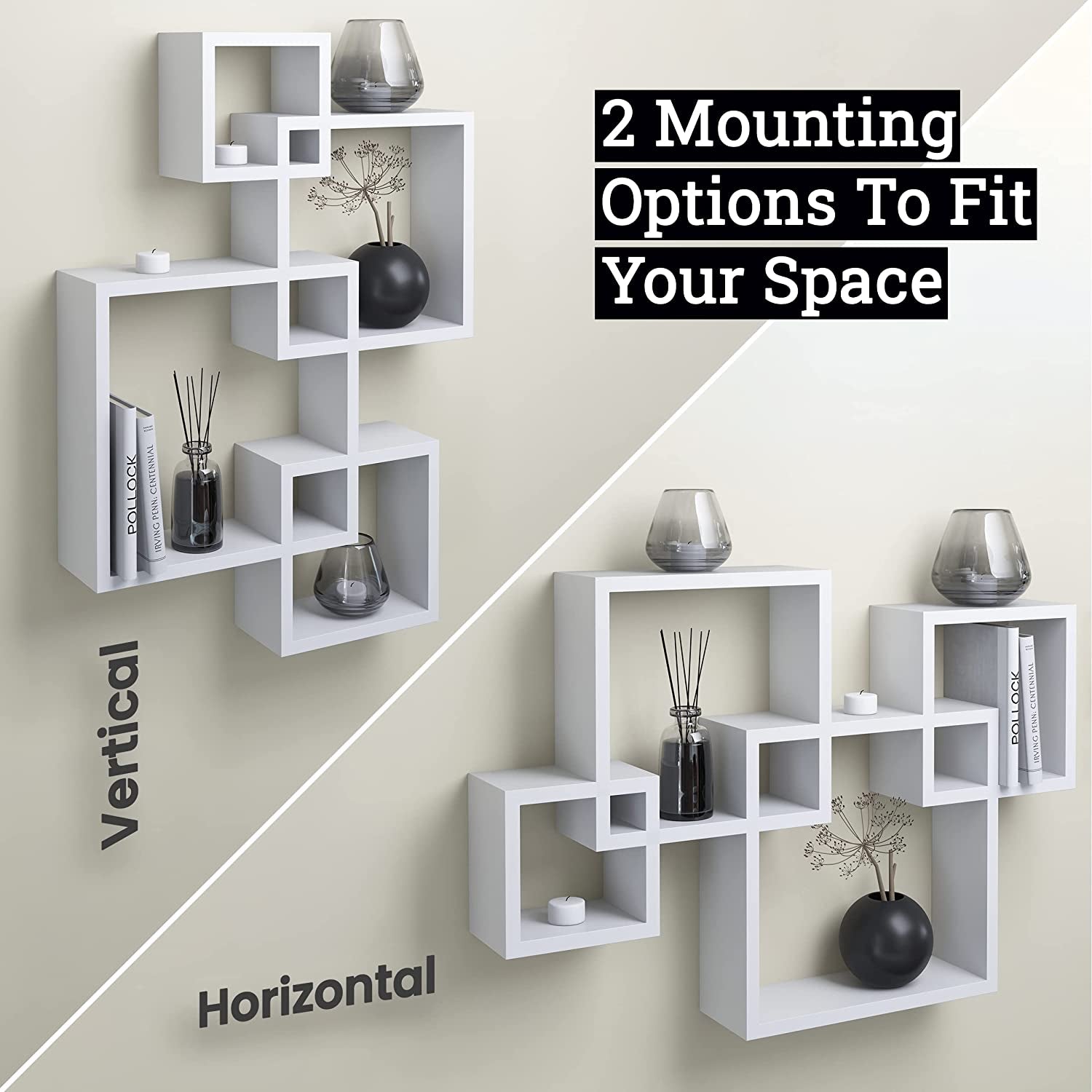Gray Floating Cube Shelves - Intersecting Wall Mounted Shelves - Wall Decor Square Shelves for Bedrooms, Living Rooms & More - Set of 4 Box Shelves