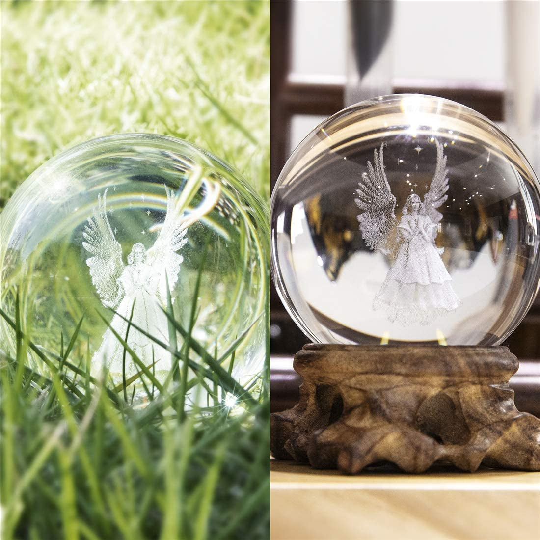 3D Angel Figurines Full Sphere Crystal Ball Laser Engraved Paperweight Home Art Decor Crafts(Clear)