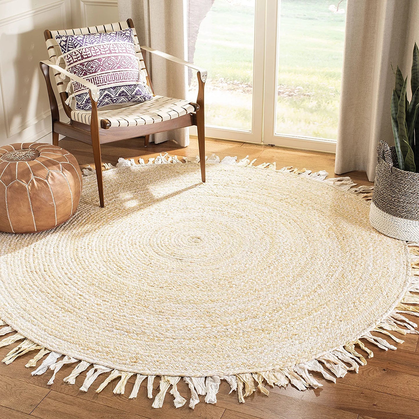 Braided Collection 3' round Beige BRD451B Handmade Boho Fringe Reversible Cotton Area Rug