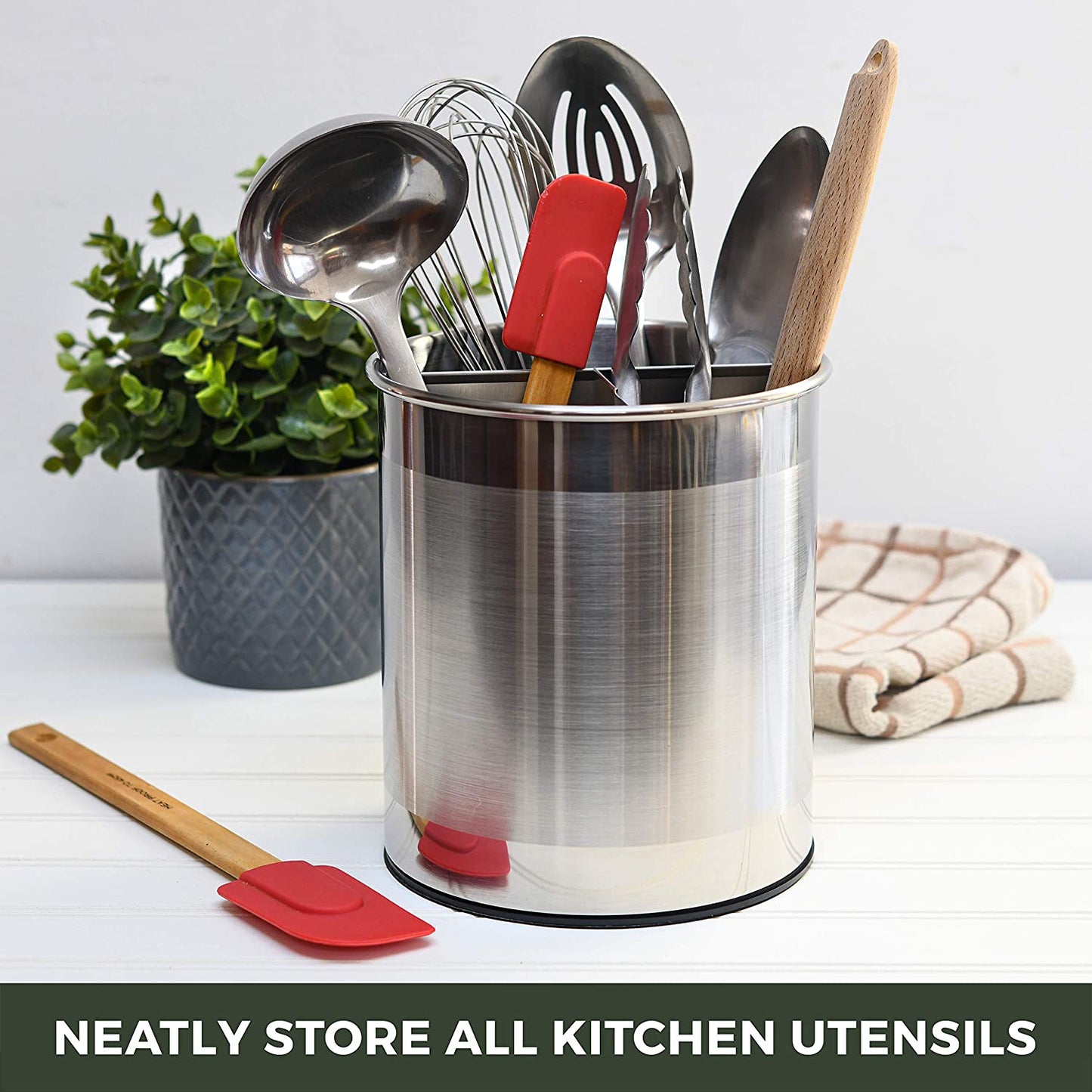 Extra Large Stainless Steel Kitchen Utensil Holder - 360° Rotating Utensil Caddy - Weighted Base for Stability - Countertop Organizer Crock with Removable Divider (Brushed Stainless Steel)