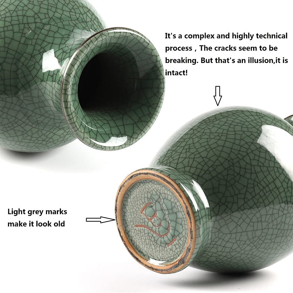 Chinese Ceramic Art Handmade Antique Ice Crack Glaze Vases Big China Porcelain Flower Bottle Vase for Home Decoration(Green)