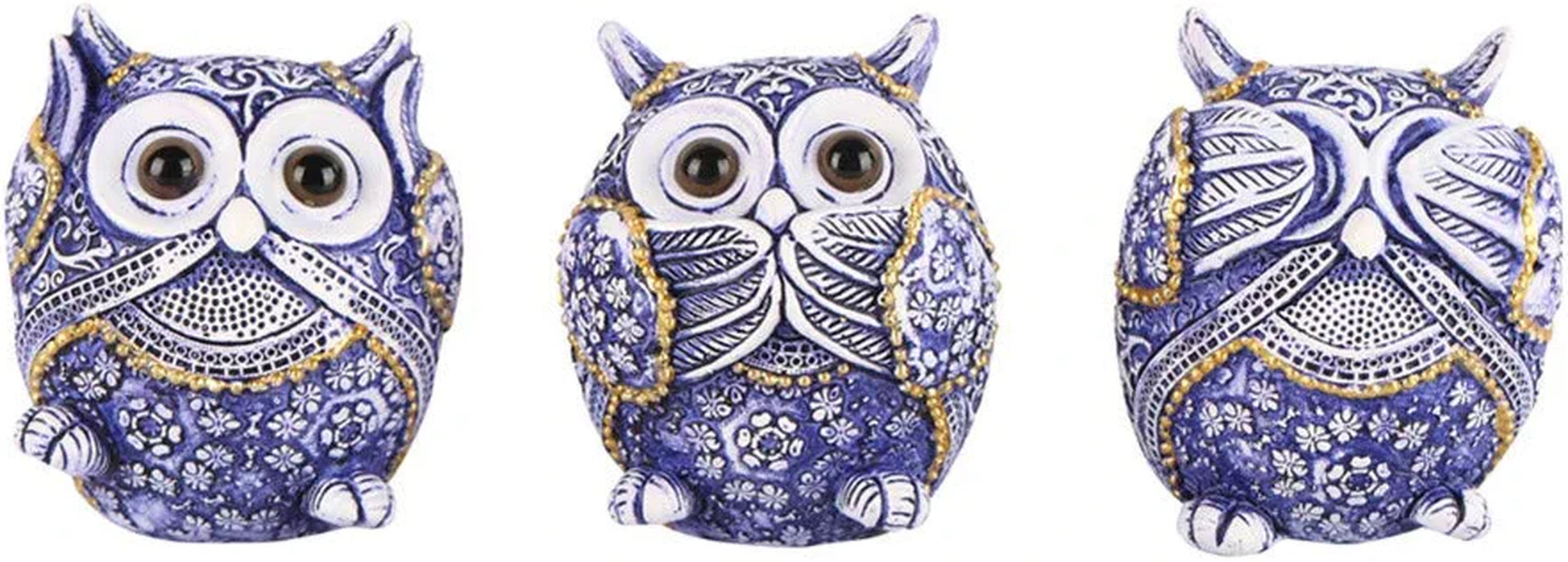 Owl Figurine with See No Evil,Hear No Evil,Speak No Evil,Adorable Decoration for Home Office Set of 3,Purple
