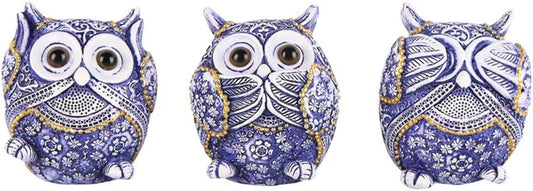 Owl Figurine with See No Evil,Hear No Evil,Speak No Evil,Adorable Decoration for Home Office Set of 3,Purple