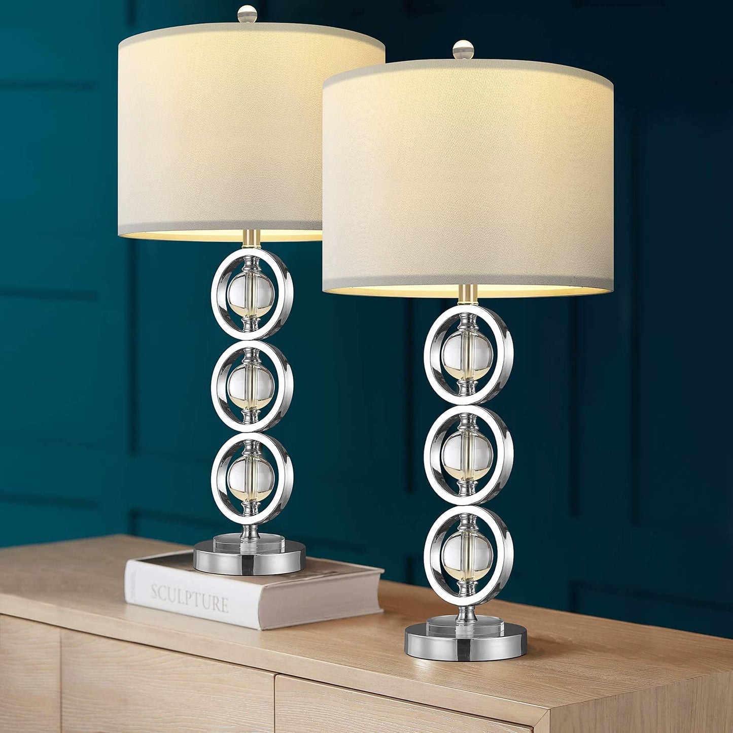 BOBOMOMO 26.5" Metal Crystal USB Table Lamps Set of 2 for Living Room Bedroom, Silver