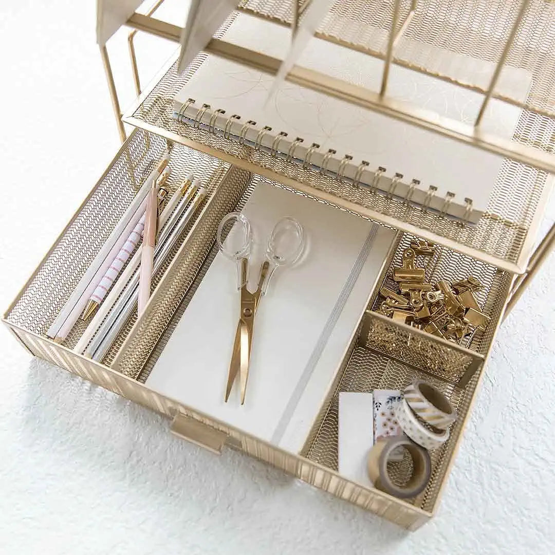 Gold Desk Accessories and Workspace Organizers, Desktop Organizer - Cute File Organizer for Desk and Drawer Storage for Office Supplies, Paper, Device and Folders - File Holder