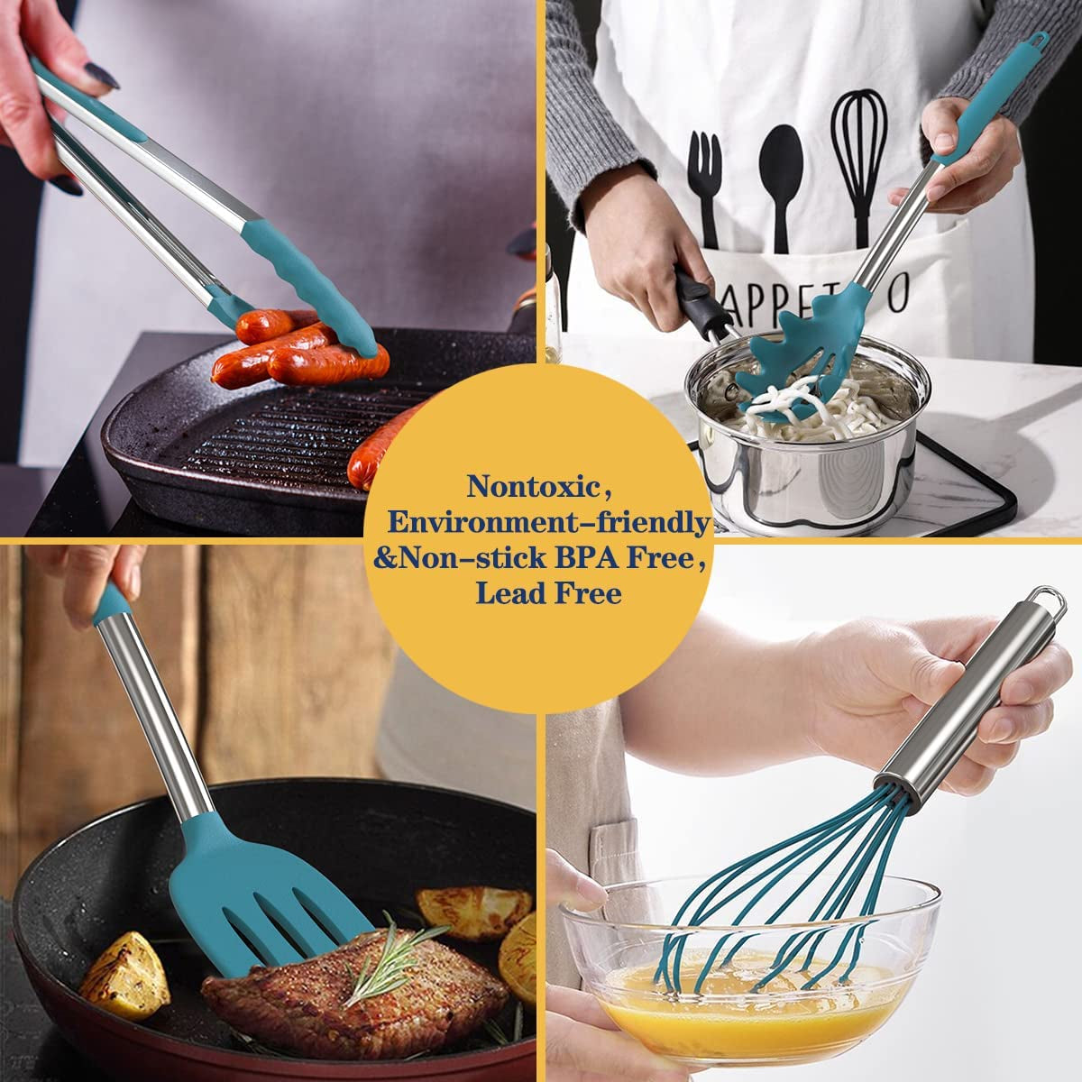 Silicone Cooking Utensil Set,  Non-Stick Kitchen Utensil 24 Pcs Cooking Utensils Set, Heat Resistant Cookware, Silicone Kitchen Tools Gift with Stainless Steel Handle (Blue-24Pcs）