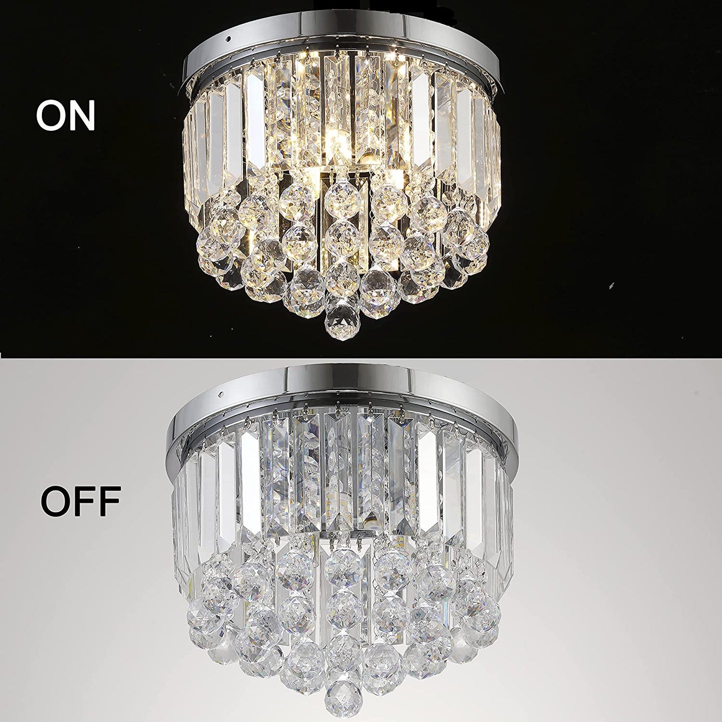 LOCLGPM 4 Light Luxury Glam Chrome Closet Mini Chandelier, Flush Mount Crystal Ceiling Light 11.8 Inch K5 Crystal Raindrop Silver Crystal Chandelier for Dining Room Bedroom Hallway Kitchen