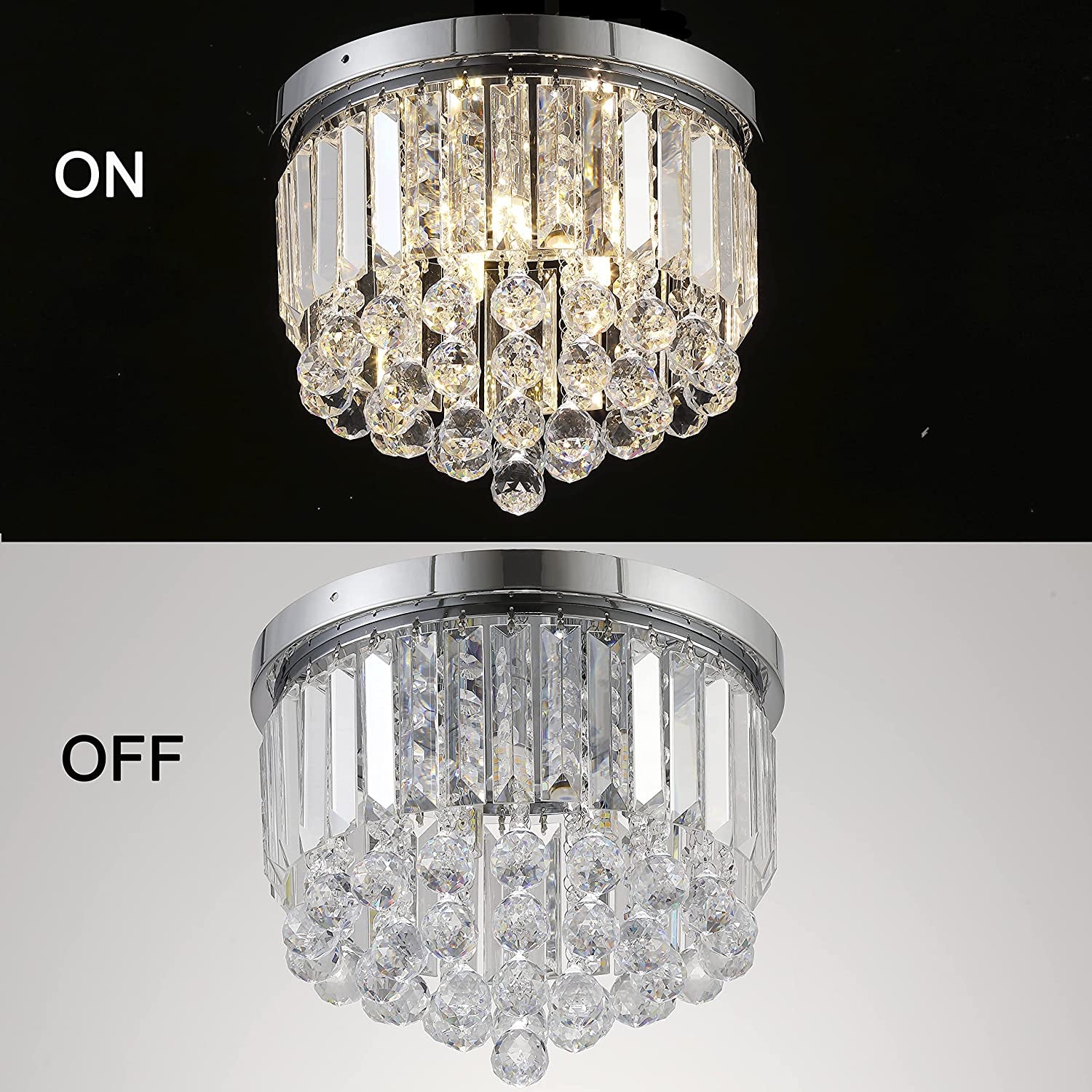 LOCLGPM 4 Light Luxury Glam Chrome Closet Mini Chandelier, Flush Mount Crystal Ceiling Light 11.8 Inch K5 Crystal Raindrop Silver Crystal Chandelier for Dining Room Bedroom Hallway Kitchen