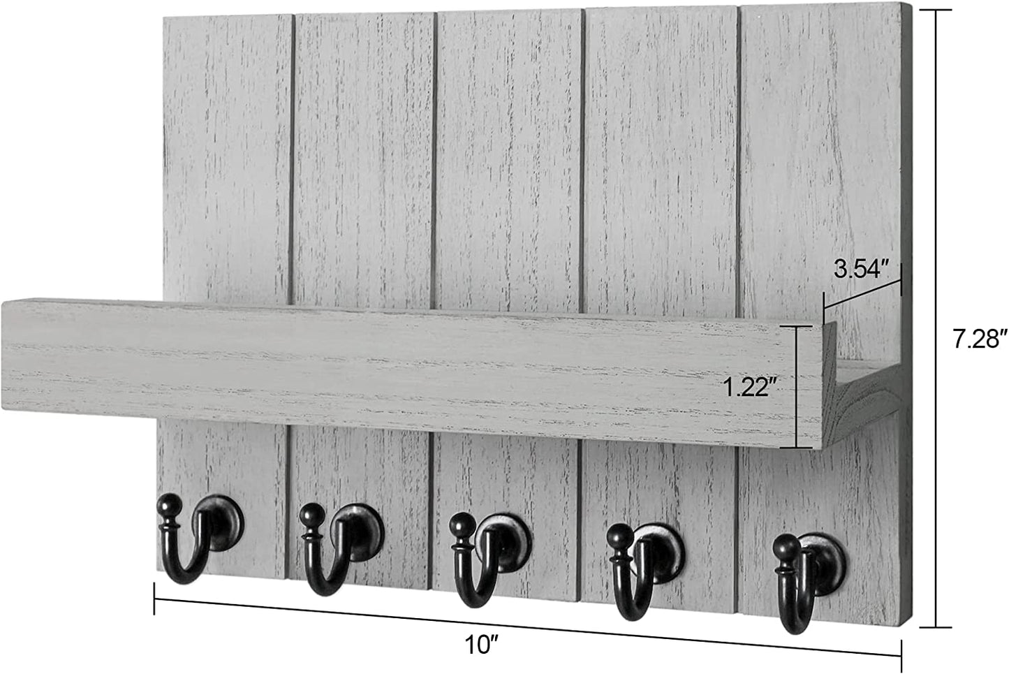 Decorative Key and Mail Holder for Wall - Rustic Key Hooks with Floating Shelves Mail Organizer for House Apartment Entryway Decor - Premium Key Hanger, Light Grey