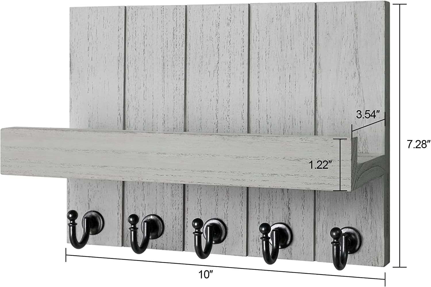 Decorative Key and Mail Holder for Wall - Rustic Key Hooks with Floating Shelves Mail Organizer for House Apartment Entryway Decor - Premium Key Hanger, Light Grey