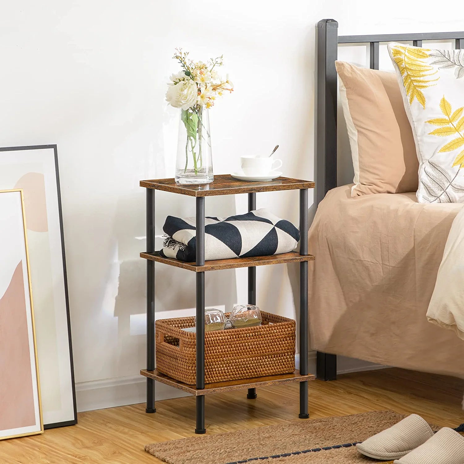 Tall Side Table Set of 2, 3-Layer Stackable Nightstand, Stable End Table for Small Space in Bedroom, Living Room, Industrial Style, Stable Frame, Easy Assembly Rustic Brown BF10BZP201