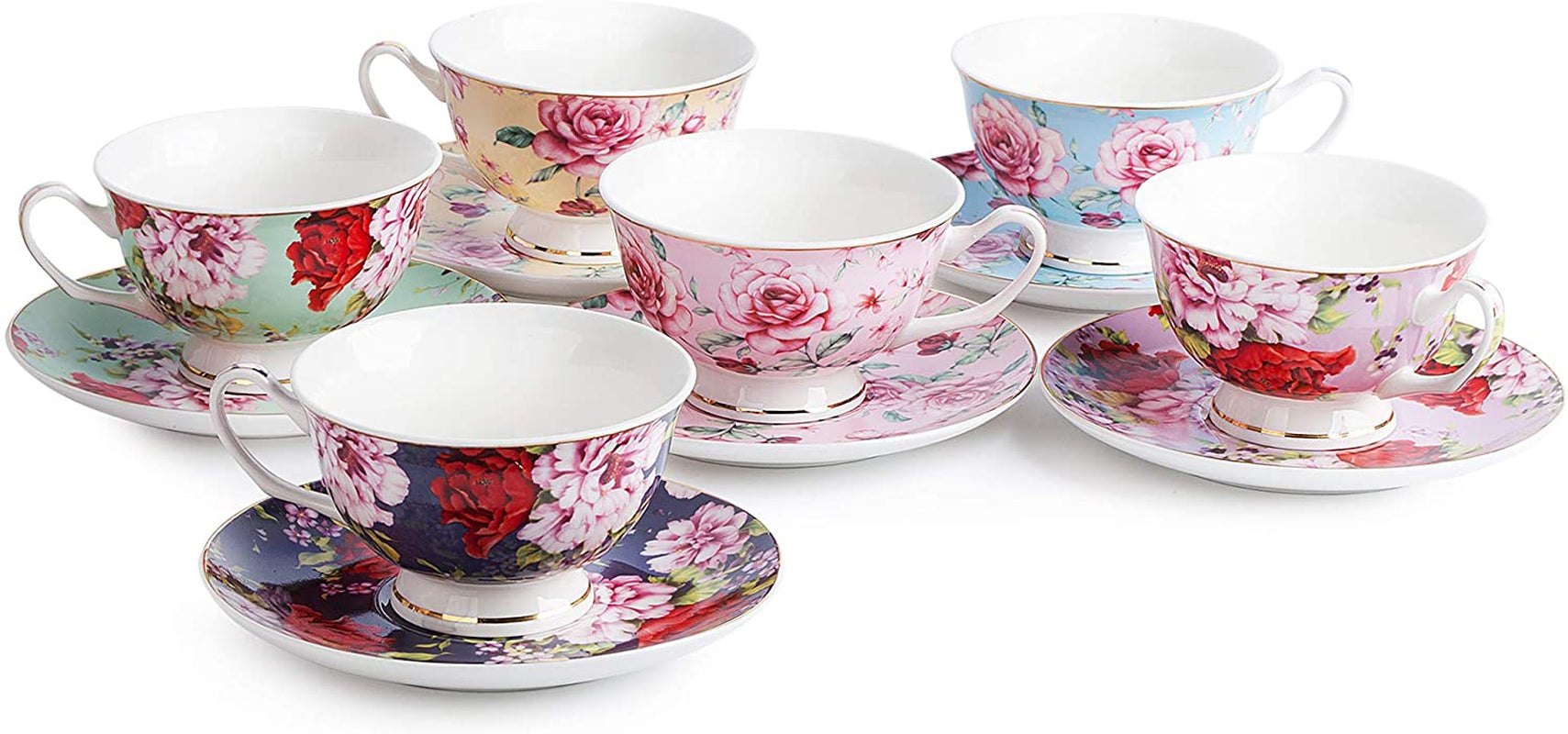 Btat- Tea Cups, Tea Cups and Saucers Set of 6, Tea Set, Floral Tea Cups (8Oz), Tea Cups and Saucers Set, Tea Set, Porcelain Tea Cups, Tea Cups for Tea Party, Rose Teacups, Christmas Gift