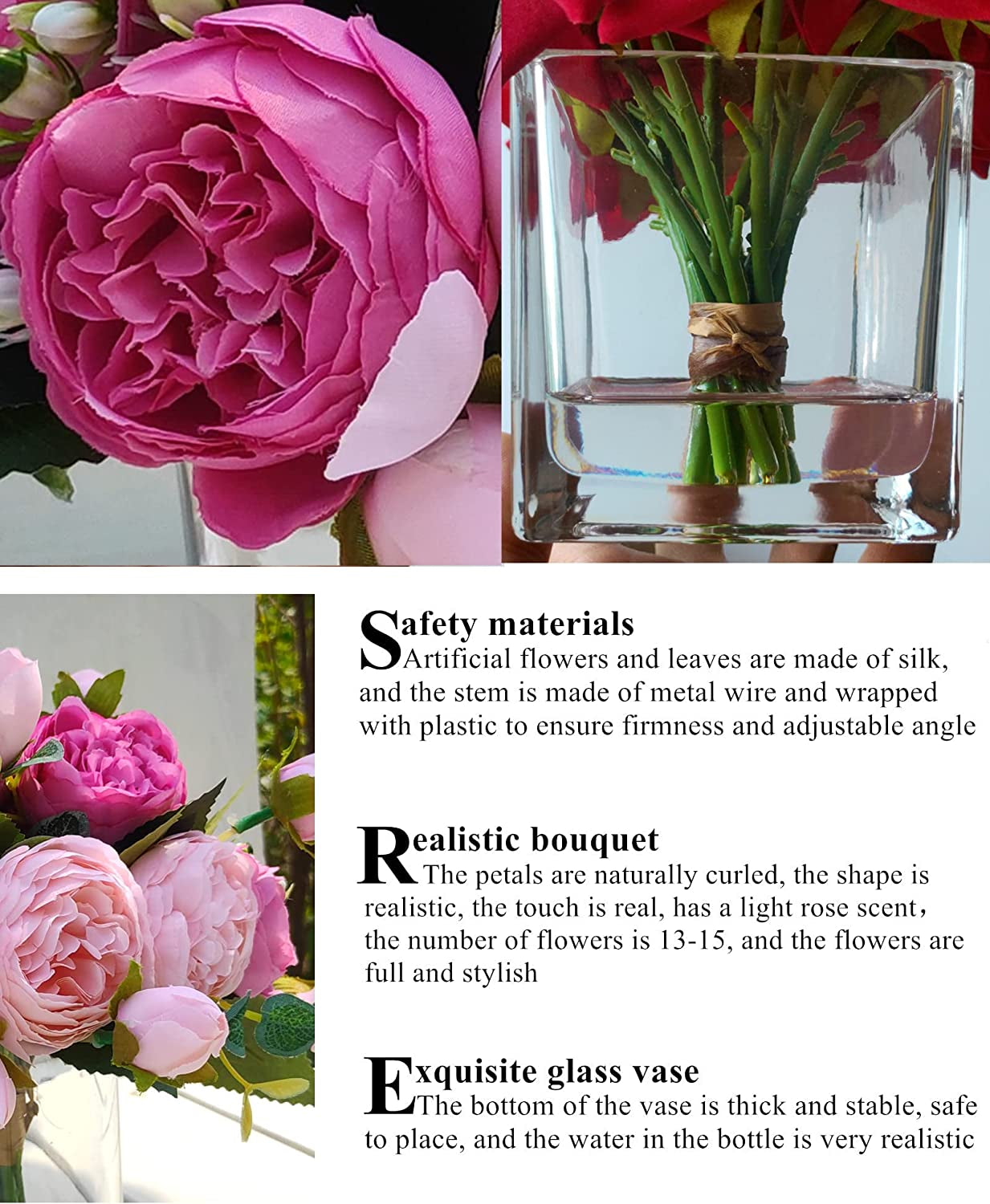 Floral Artificial Flowers Rose Fake Flowers Arrangement in Cube Glass Vase with Faux Water (Pink Pale Pink, 1)