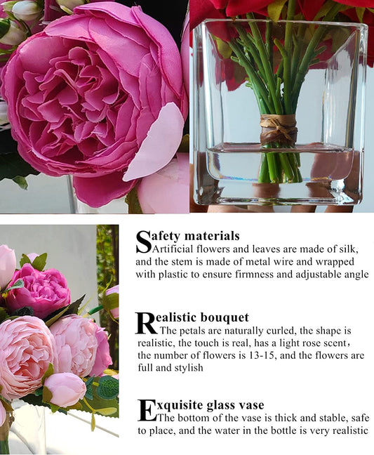 Floral Artificial Flowers Rose Fake Flowers Arrangement in Cube Glass Vase with Faux Water (Pink Pale Pink, 1)