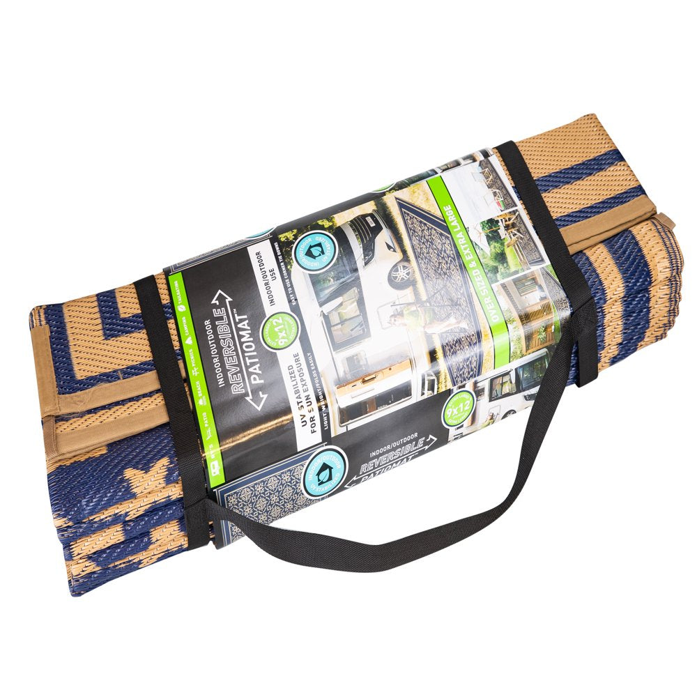 Patio Mats 9X12 Reversible RV Outdoor Patio Mat, Camping Mat, Interlocked Squares, Blue