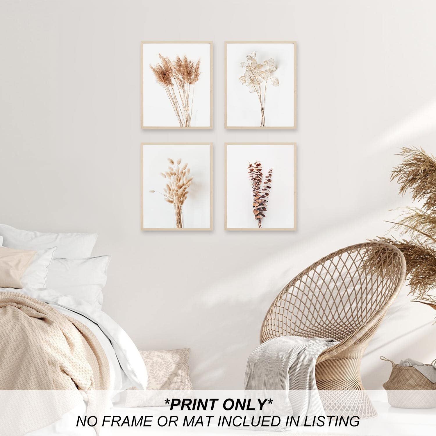 Boho Wall Art Modern Farmhouse Bathroom Decor Cute Pampas Grass Wall Decor Botanical Prints Beige Room Aesthetic Neutral Kitchen Bedroom Decor Set of 4(UNFRAMED 8X10In)