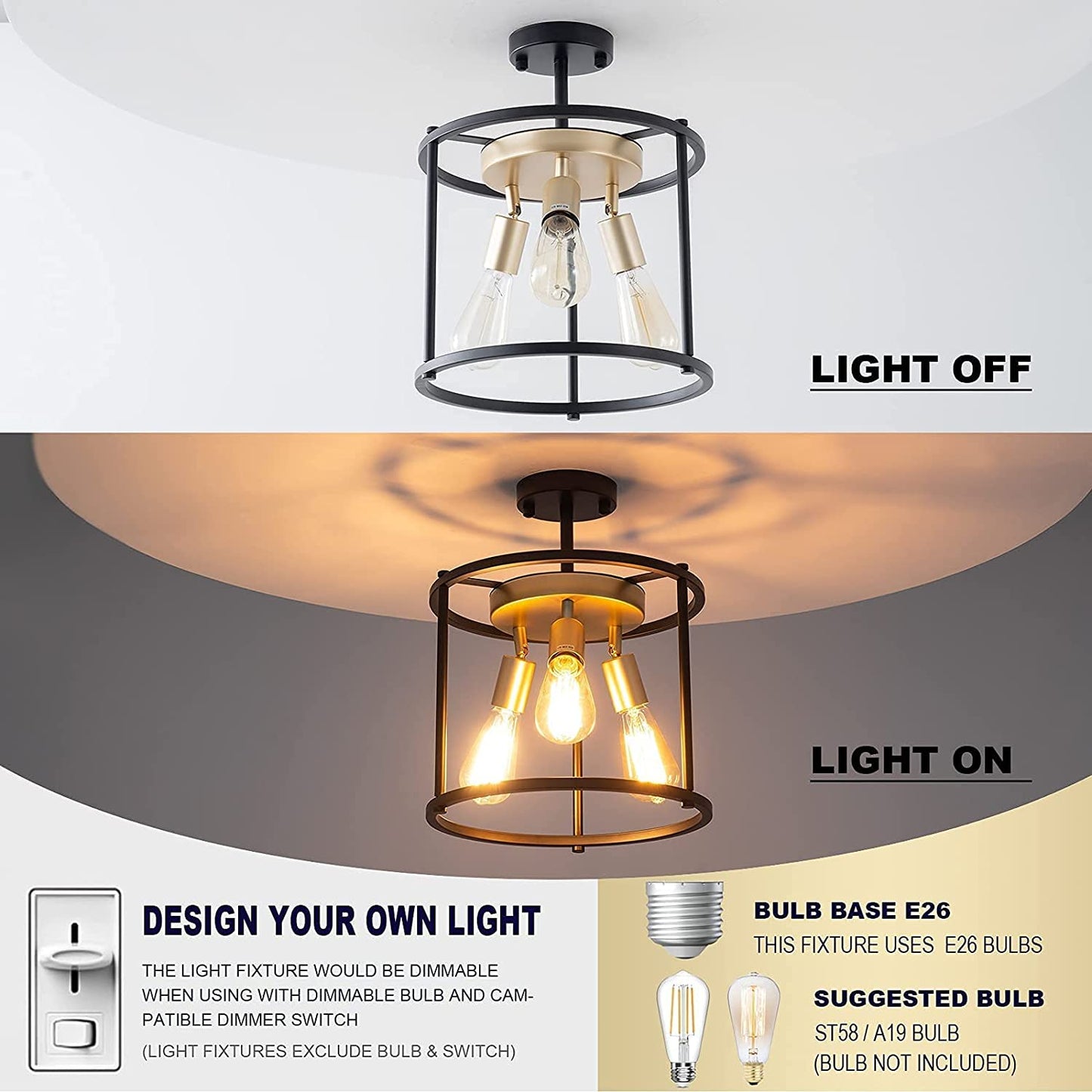 Industrial Semi Flush Mount Ceiling Light Fixture, 3-Light Farmhouse Vintage Black Ceiling Lamp with Adjustable Socket, Rustic Chandelier Metal Cage Shade for Kitchen Hallway Entryway Passway Bedroom