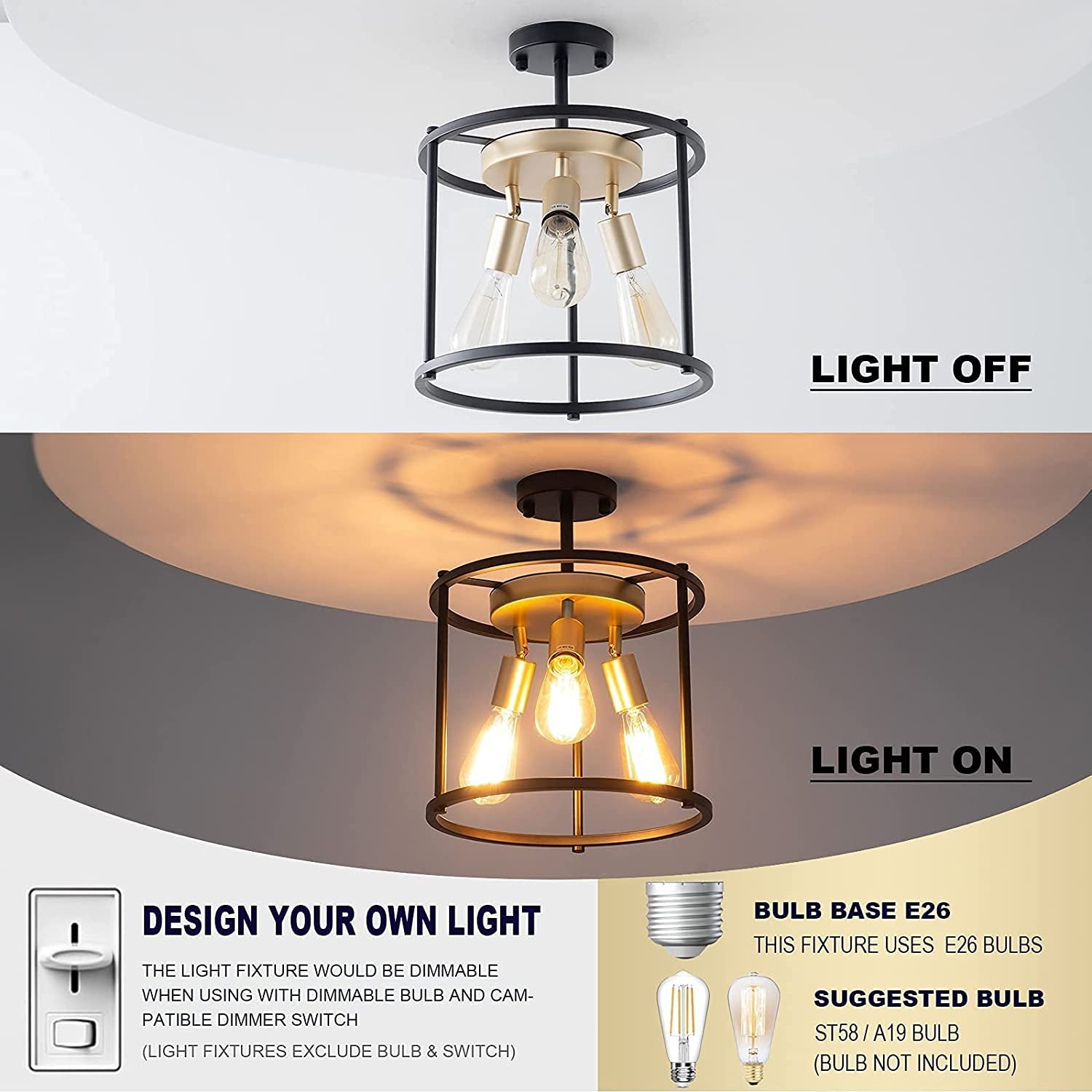 Industrial Semi Flush Mount Ceiling Light Fixture, 3-Light Farmhouse Vintage Black Ceiling Lamp with Adjustable Socket, Rustic Chandelier Metal Cage Shade for Kitchen Hallway Entryway Passway Bedroom