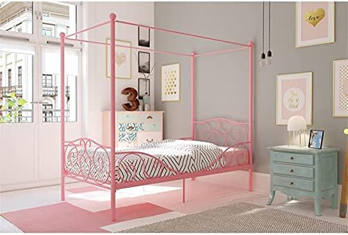 Metal Canopy Kids Platform Bed with Four Poster Design, Scrollwork Headboard and Footboard, Underbed Storage Space, No Box Sring Needed, Twin, Pink
