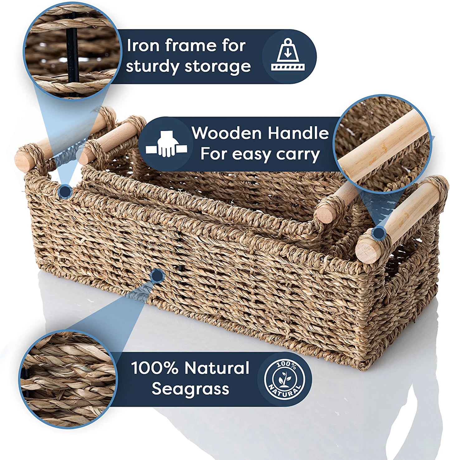 Wicker Storage Basket for Toilet Paper – Set of 2 Toilet Paper Holder for Bathroom Organization – Premium Wooden Handles and Durable Seagrass Design – Versatile Bathroom Counter Organizer
