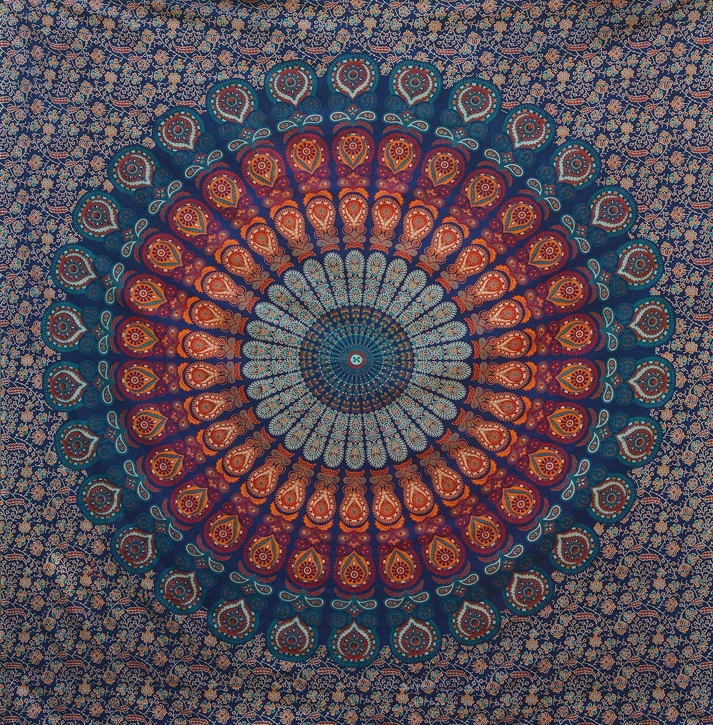 Indian Hippie Bohemian Psychedelic Golden Blue Peacock Mandala Wall Hanging Bedding Tapestry (Golden Blue, Queen (84X90Inches)(215X230Cms))