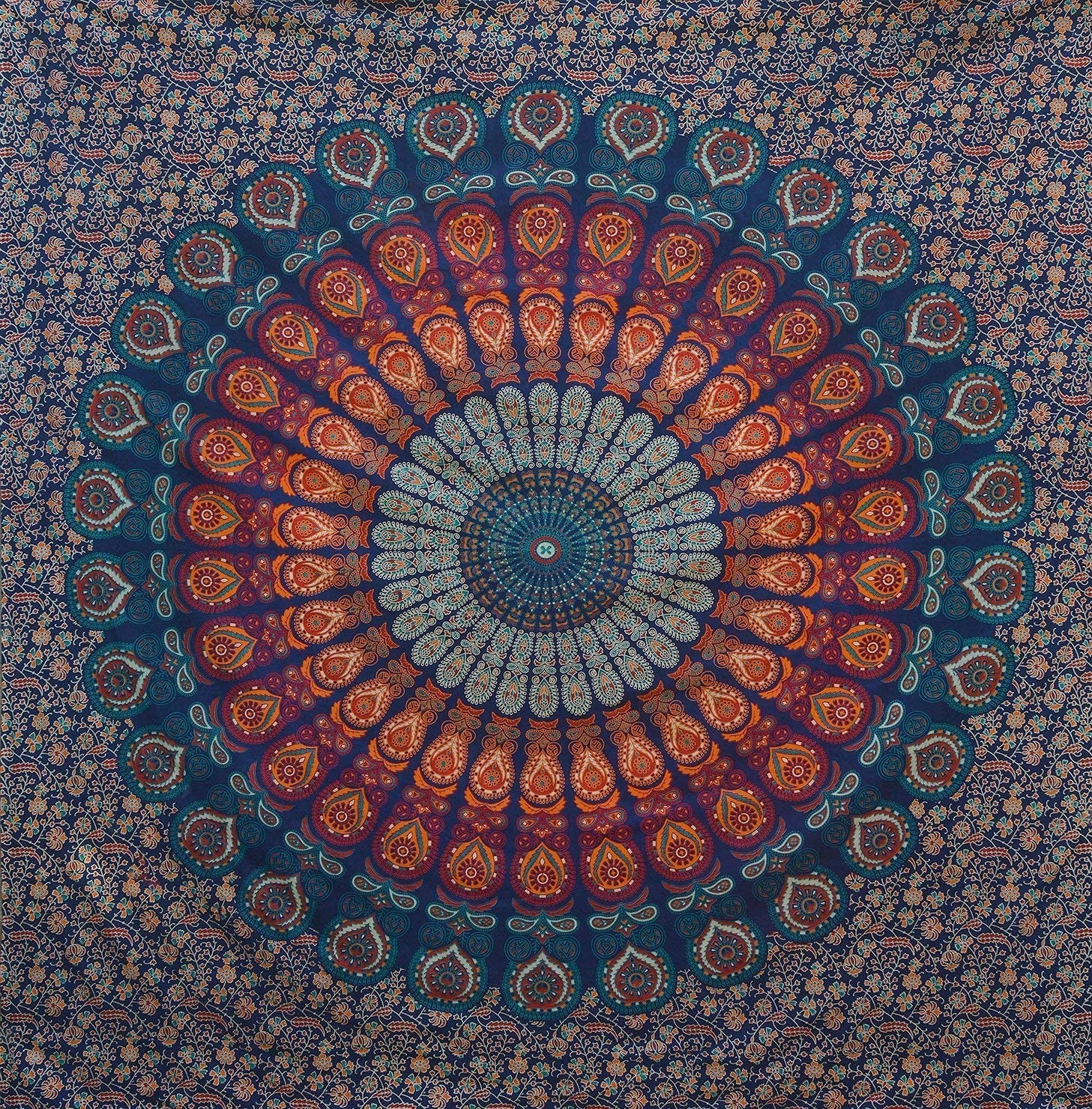 Indian Hippie Bohemian Psychedelic Golden Blue Peacock Mandala Wall Hanging Bedding Tapestry (Golden Blue, Queen (84X90Inches)(215X230Cms))
