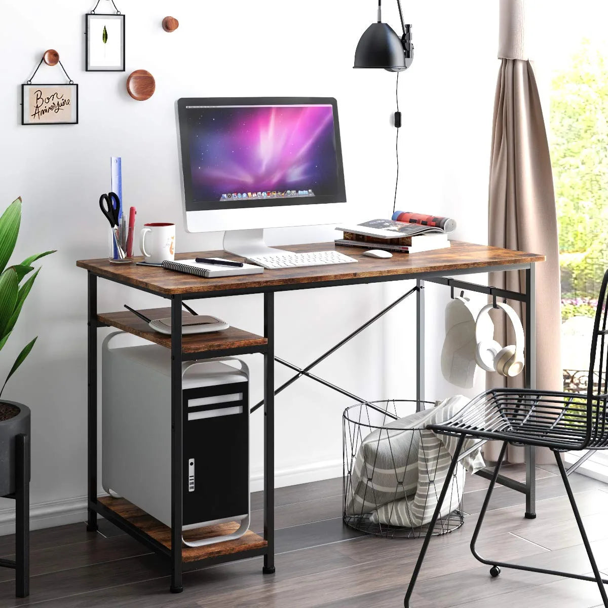 Writing Computer Desk 47", Home Office Study Desk with 2 Storage Shelves on Left or Right Side, Industrial Simple Style Wood Table Metal Frame for PC Laptop Notebook