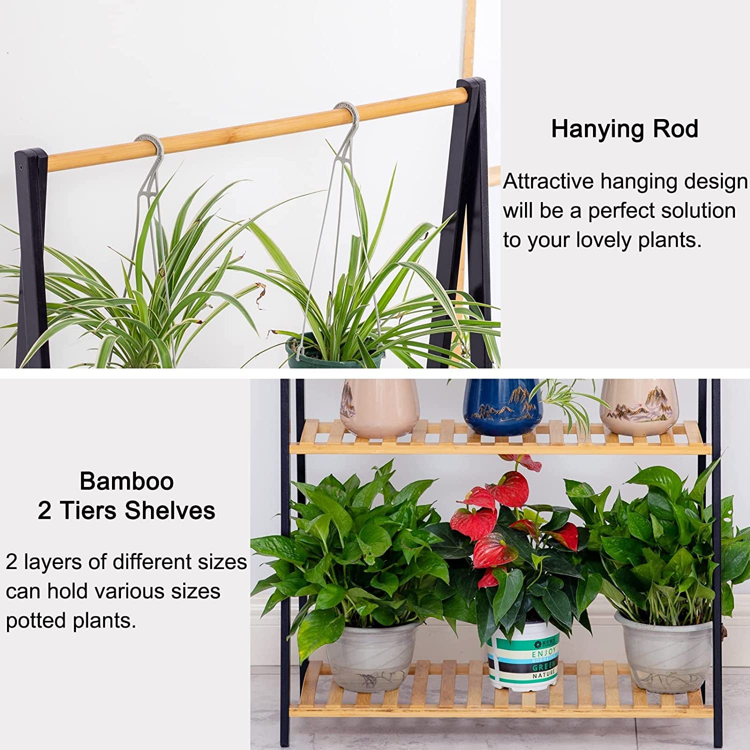 Bamboo 2-Tier Hanging Plant Stand Planter Shelves Flower Pot Organizer Rack Multiple Flower Pot Display Holder Shelf Indoor Outdoor Heavy Duty Planter Shelving Unit