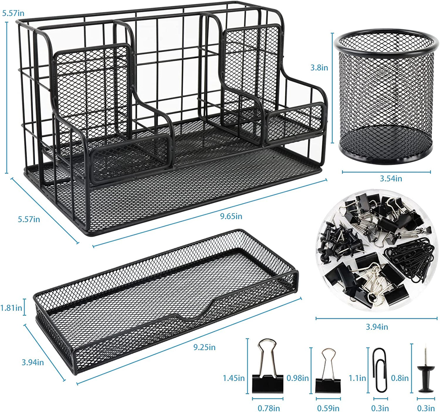 Desk Organizers and Accessories, Office Supplies Desk Organizer Caddy with 7 Compartments + Pen Holder / 72 Clips Set, Mesh Desk Organizer with Drawer, Black Desktop Organizer for Home, Office Ect