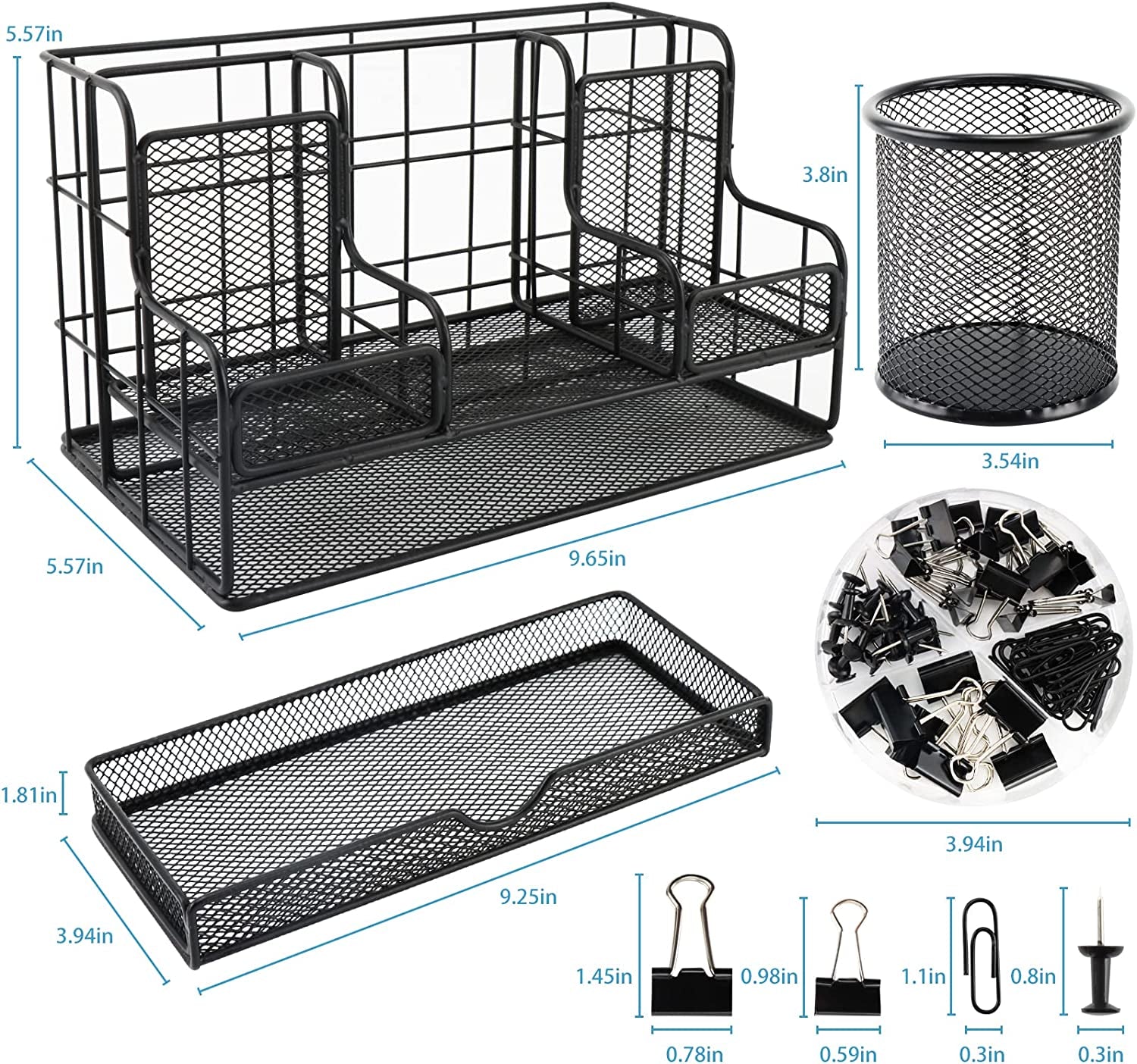 Desk Organizers and Accessories, Office Supplies Desk Organizer Caddy with 7 Compartments + Pen Holder / 72 Clips Set, Mesh Desk Organizer with Drawer, Black Desktop Organizer for Home, Office Ect