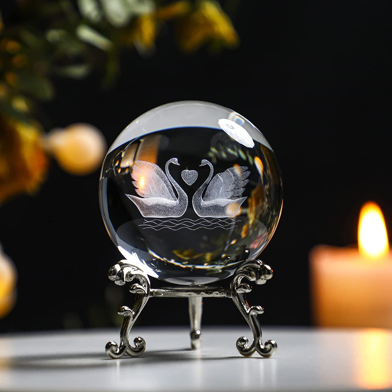 3D Engraving Crystal Double Swan Figurine with Love Heart Sphere 60Mm(2.3Inch) Crystal Ball Paperweight with Stand Base for Girls or Women