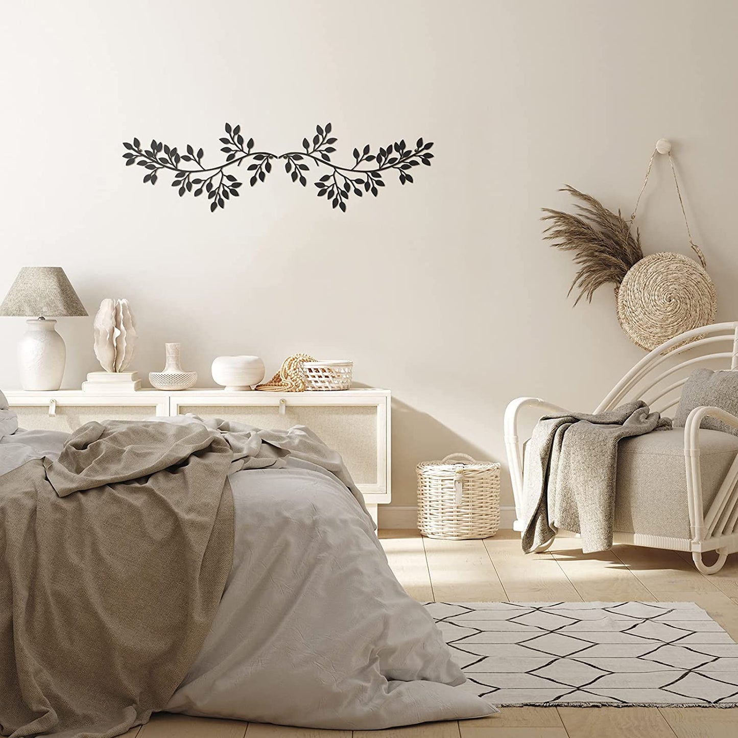 2 Pieces Metal Tree Leaf Wall Decor Vine Olive Branch Leaf Wall Art Wrought Iron Scroll Sculptures above the Bed, Living Room, Outdoor Decoration (Black)