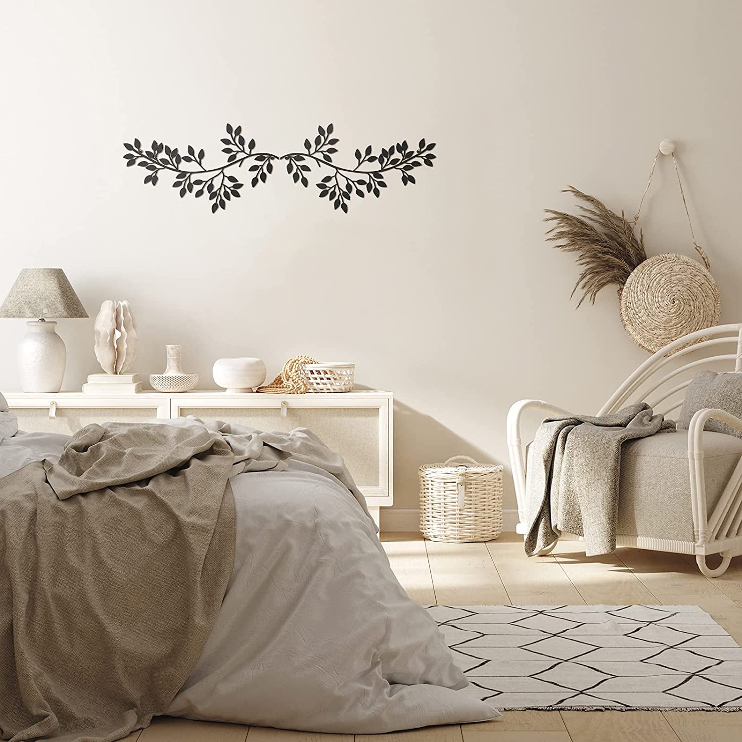 2 Pieces Metal Tree Leaf Wall Decor Vine Olive Branch Leaf Wall Art Wrought Iron Scroll Sculptures above the Bed, Living Room, Outdoor Decoration (Black)