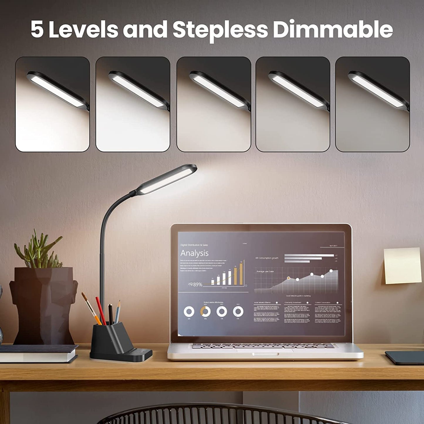 LED Desk Lamp with USB Charging Port, Small Desk Lamps for Home Office,  Desk Light for Bedrooms, Black Office Lamp for Small Spaces, 650LM, Gooseneck, Pen Holder, Study Lamps for College Dorm Room