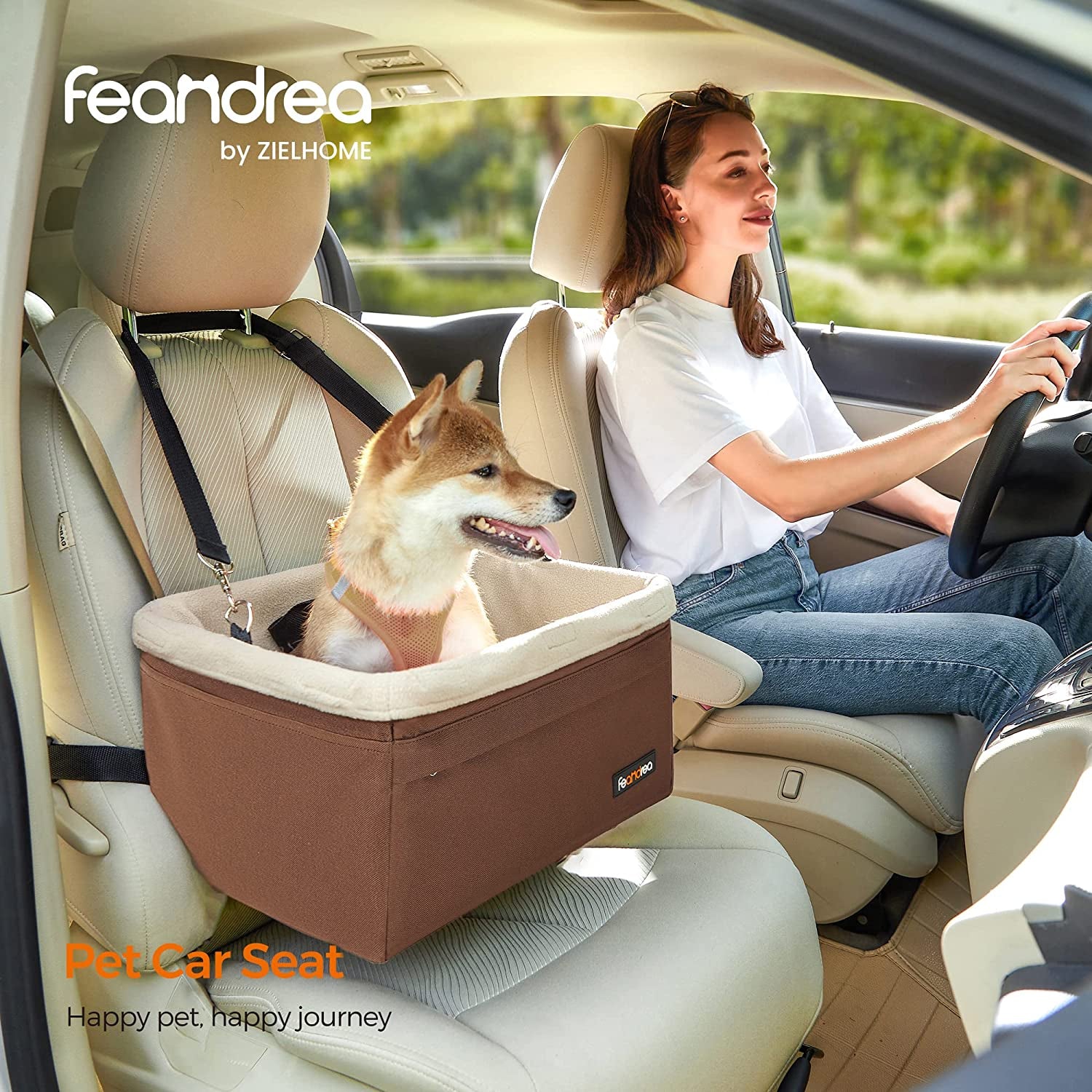 Dog Car Seat, Pet Booster Seat for Small Dogs up to 18 Lb, with Adjustable Straps, Removable Washable Fleece Liner, 4 Pockets, for Front Seats, Back Seats, Brown and Beige UPBS042K01