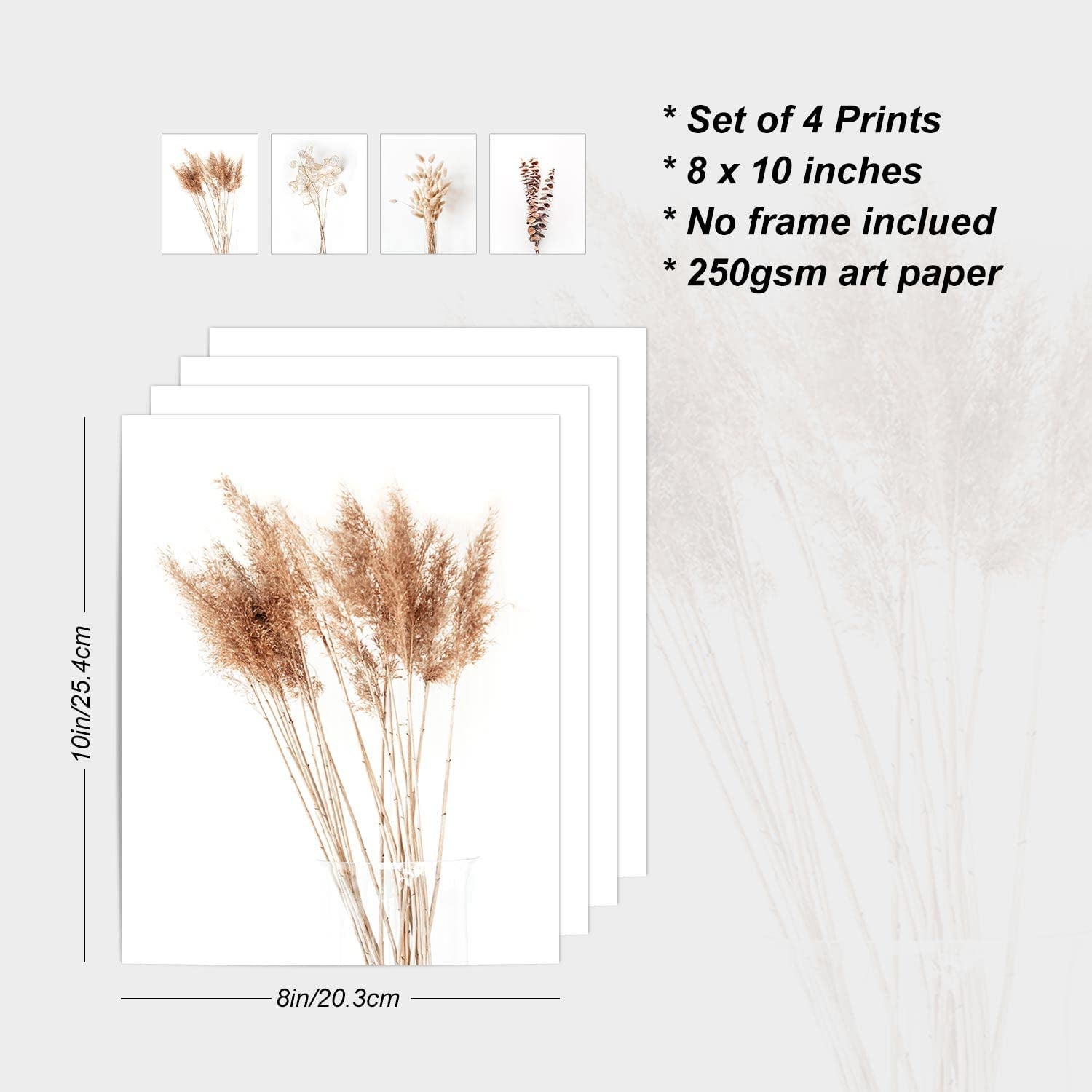 Boho Wall Art Modern Farmhouse Bathroom Decor Cute Pampas Grass Wall Decor Botanical Prints Beige Room Aesthetic Neutral Kitchen Bedroom Decor Set of 4(UNFRAMED 8X10In)