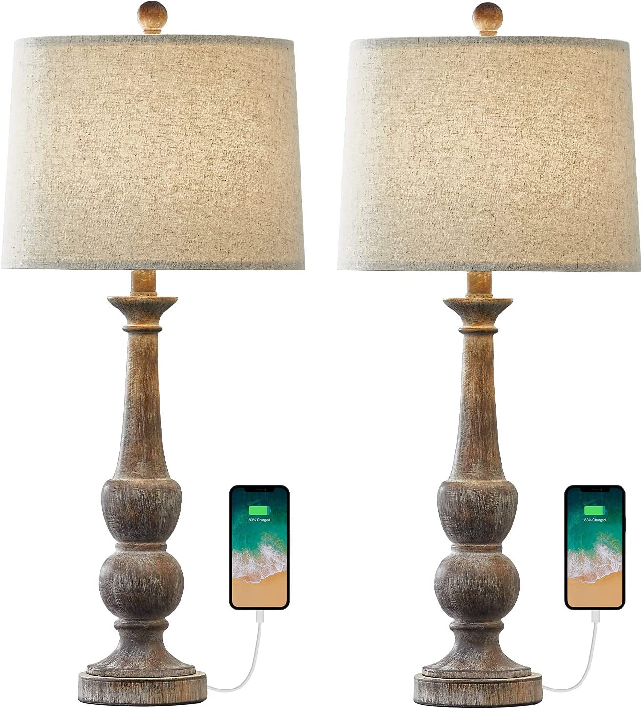 Table Lamp for Living Set of 2 USB Antique Retro 27.75“ Nightstand USB Lamp for Bedroom Rustic Table Lamp Vintage Style Bedside Traditional Table Lamp Brown