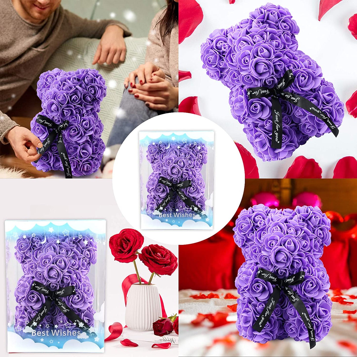 Artificial Flowers Bear for Anyone Love,Flower Gift for Her,Artificial Flowers Forever Bear,Romantic Gift for Her,Valentines,Mother,Anniversary, Birthday ,Wedding,Unique Clear Gift Box