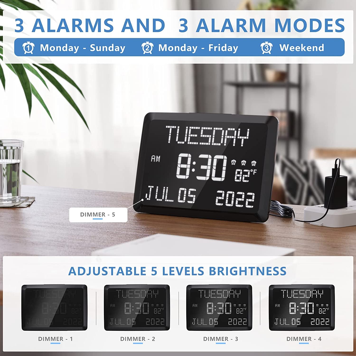 Digital Clock, 11.5" Large LED Word Display Dimmable Digital Wall Clock,Adjustable Brightness Digital Alarm Clock with Day and Date,Indoor Temperature,Snooze,12/24H,Dst for Home, Office,Elderly