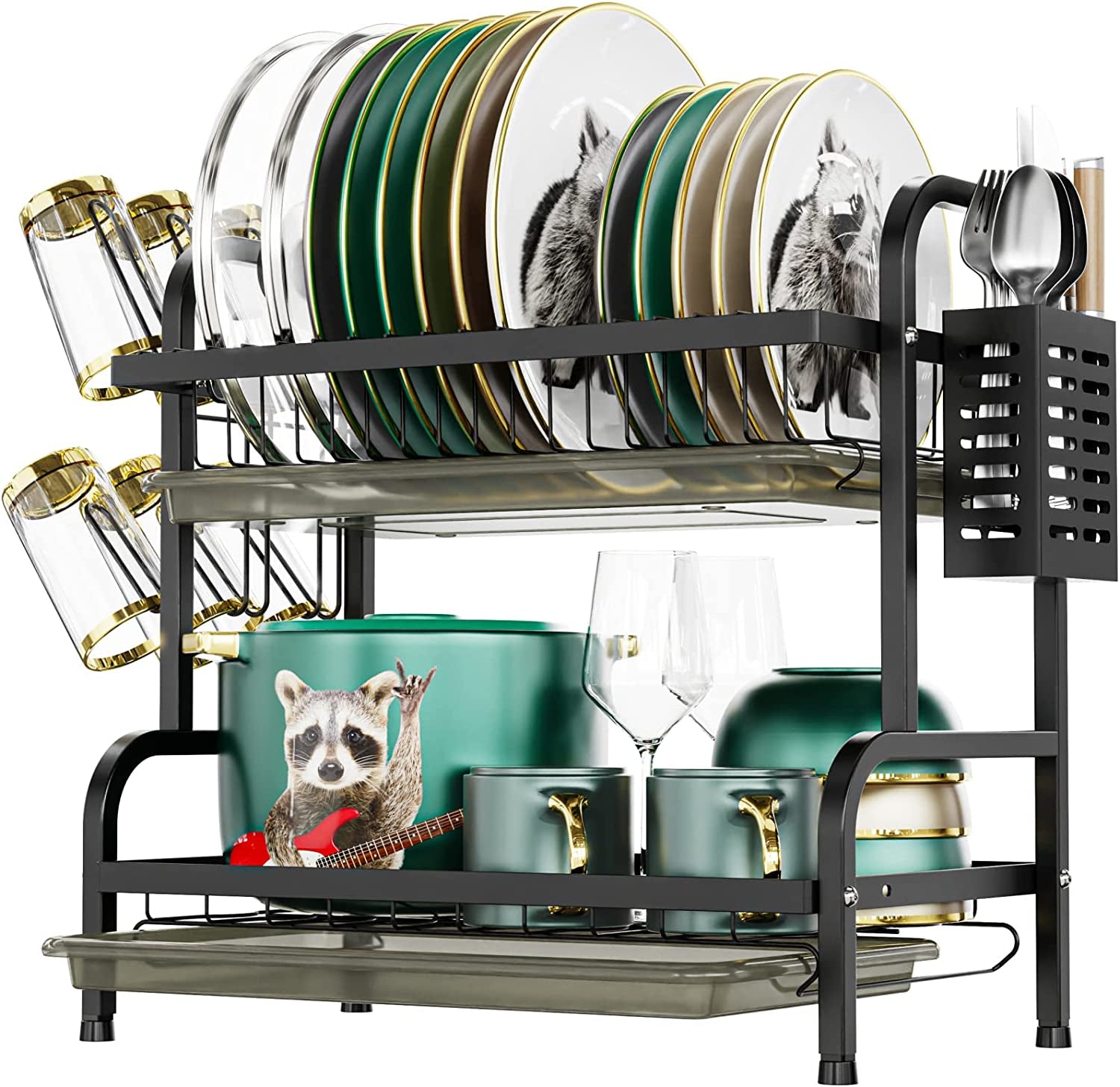 Dish Drying Rack for Kitchen Counter 2 Tier Dish Rack with Cup Holder, Dish Drainer with Drainboard and Utensil Holder Large Capacity for Small Kitchen Countertop Saving Space