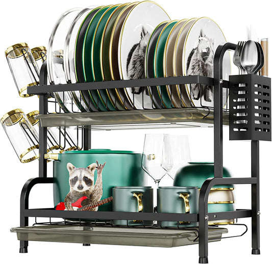 Dish Drying Rack for Kitchen Counter 2 Tier Dish Rack with Cup Holder, Dish Drainer with Drainboard and Utensil Holder Large Capacity for Small Kitchen Countertop Saving Space