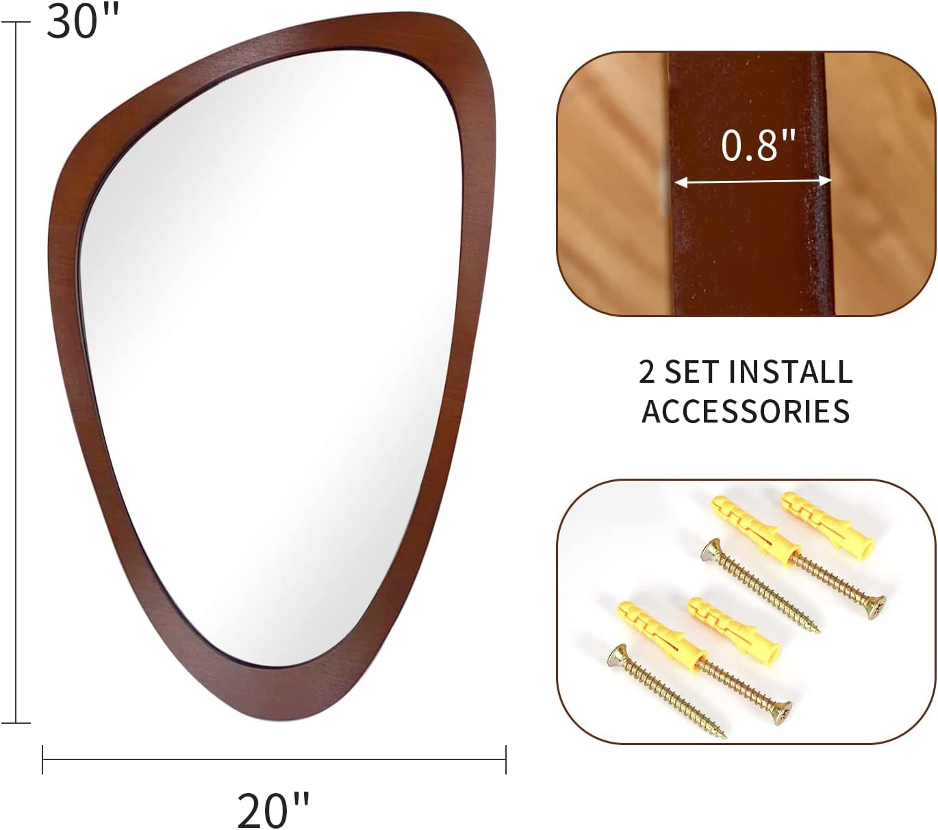 Irregular Wall Mirror 30"X20" Wall-Mounted Mirror with MDF Frame, Large Asymmetrical Mirrors for Wall Irregular Mirror for Bathroom Bedroom Entryway, Dark Walnut