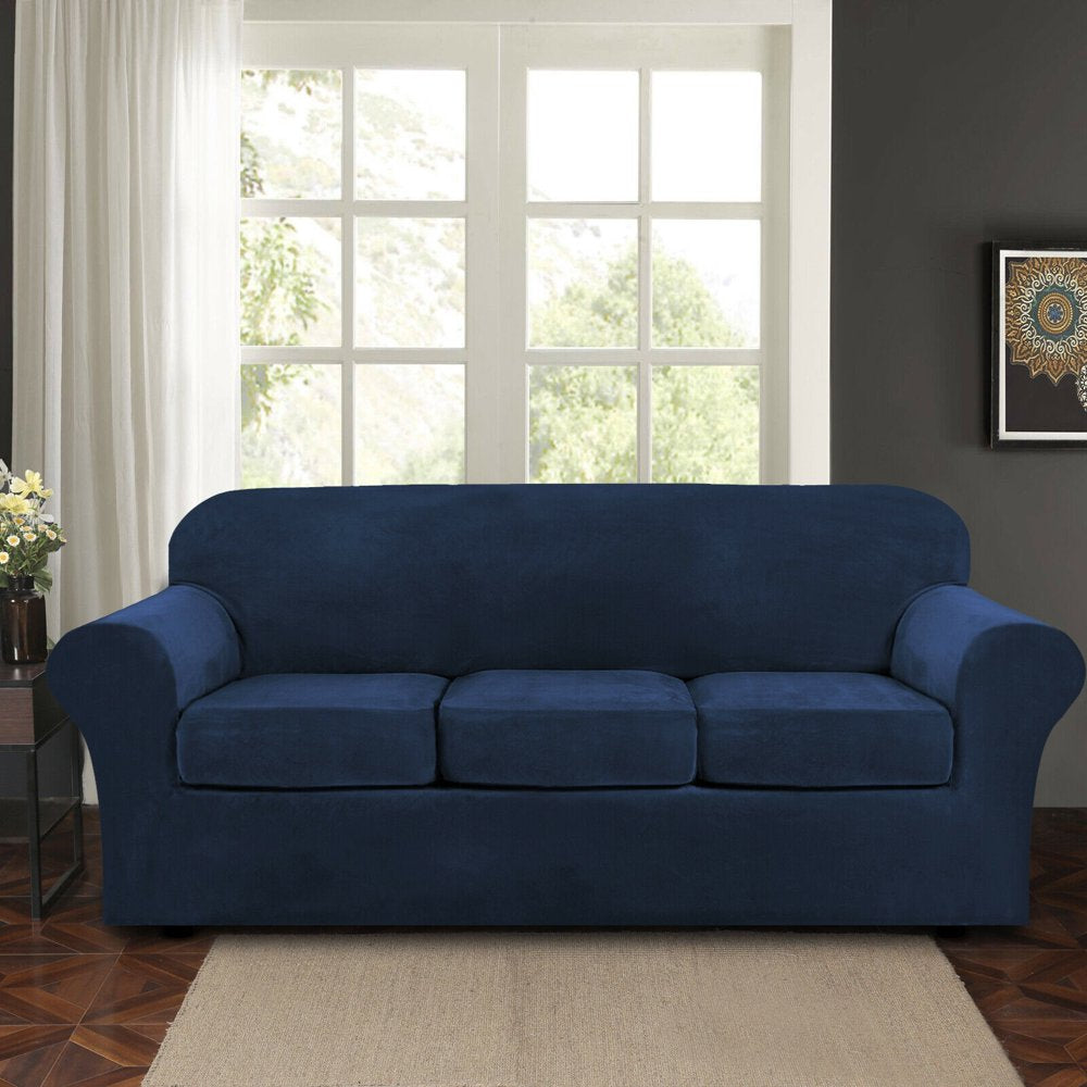 Velvet Plush 4 Piece Stretch Sofa Covers Couch Covers for 3 Cushion Couch 3 Seater Covers (Base Cover plus 3 Individual Cushion Covers) Feature Thick Soft Stay in Place