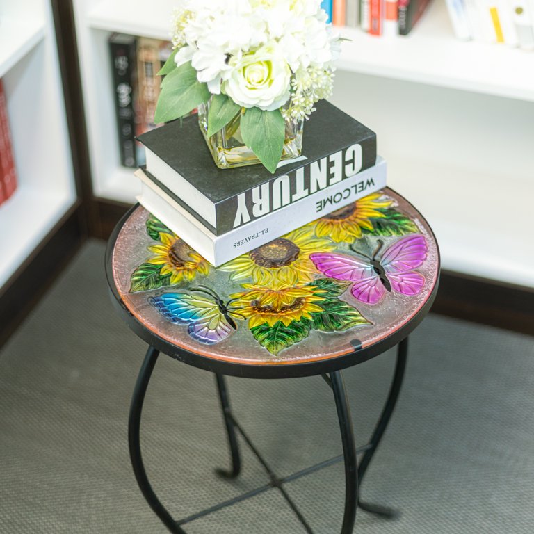 Mosaic Side Table Outdoor for Patio, Indoor Accent Table Coffee Table for Bistro, Plant End Table Small, Sunflower Round Glass Plant Table Stands